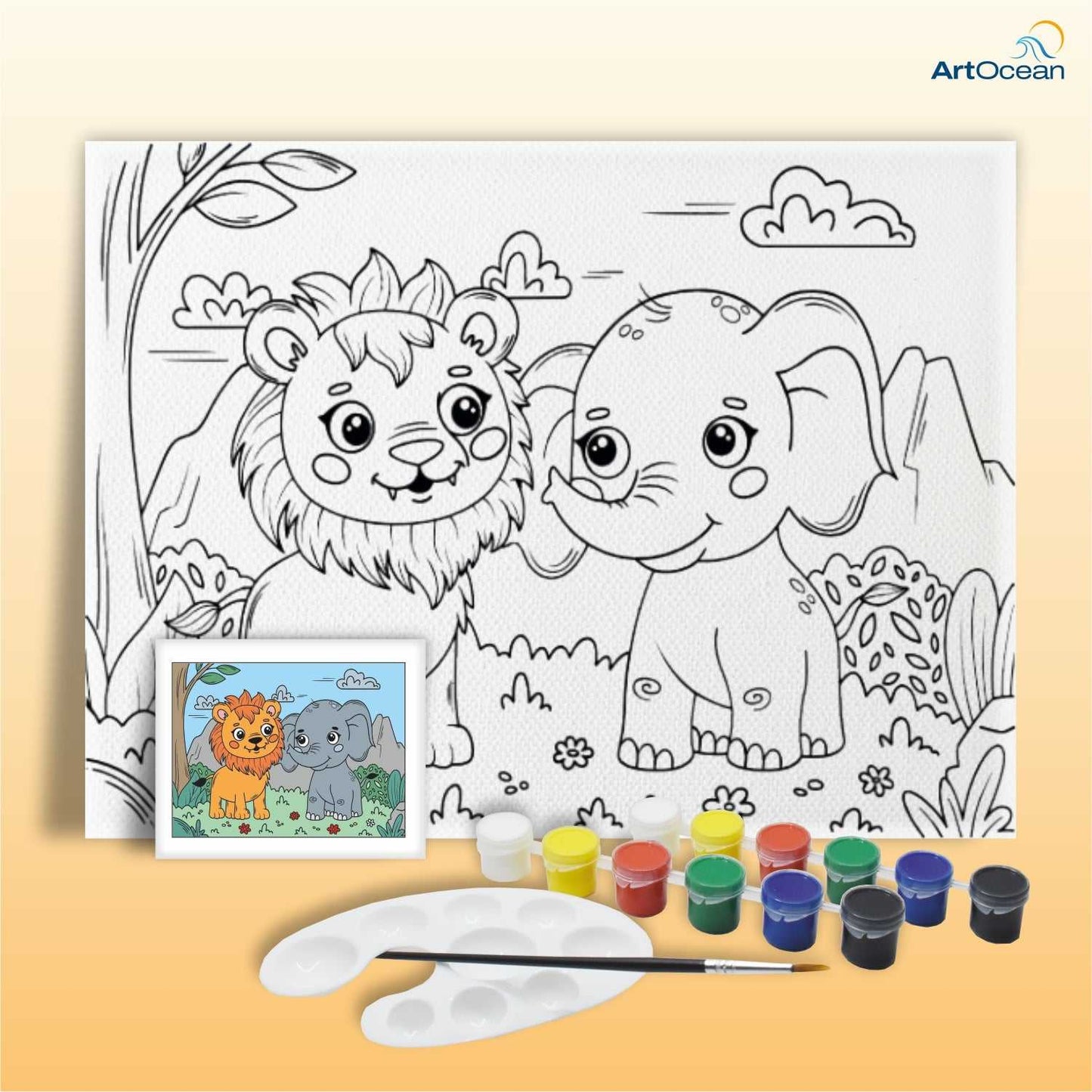 Cute Lion and Elephant pre-marked canvas color it kit