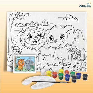 Cute Lion and Elephant pre-marked canvas color it kit